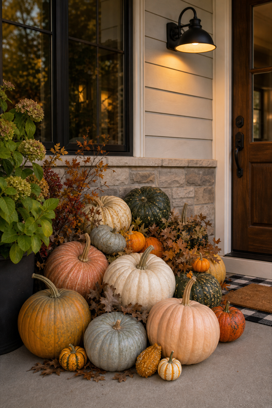 Close-up porch grouping of colorful pumpkins and gourds