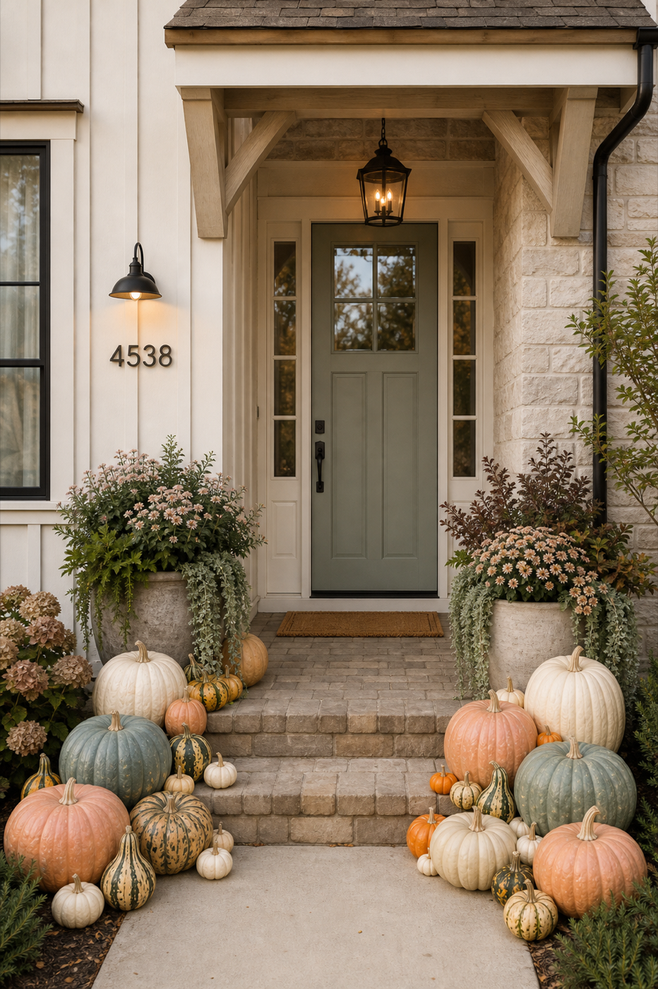 Pastel pumpkin display at a front entry
