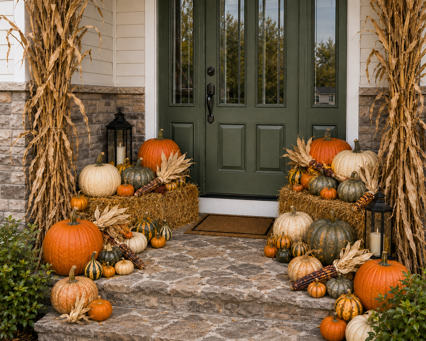 Porch display with cornstalks, pumpkins, hay bales, and a sage green door