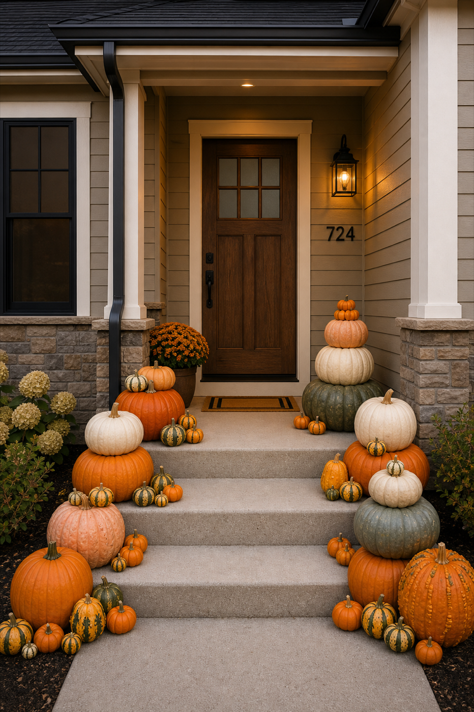 Layered porch pumpkin display on front steps