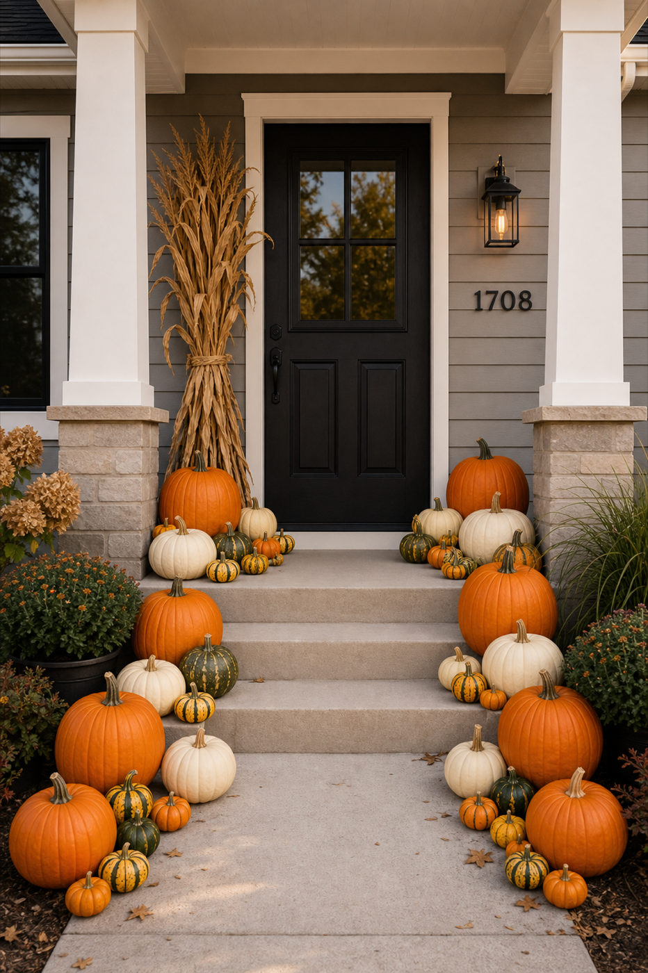 Simple porch display with pumpkins and gourds