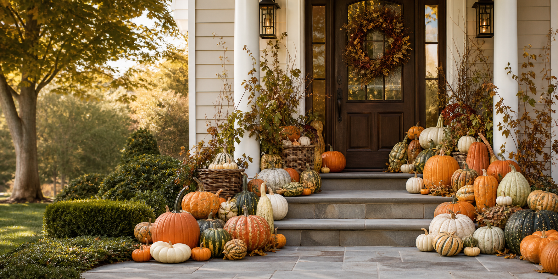 Front porch styled with pumpkins, gourds, and fall decor